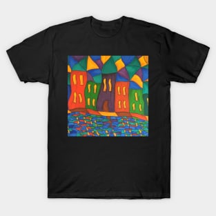 Whimsical Waterfront houses in brilliant colors T-Shirt